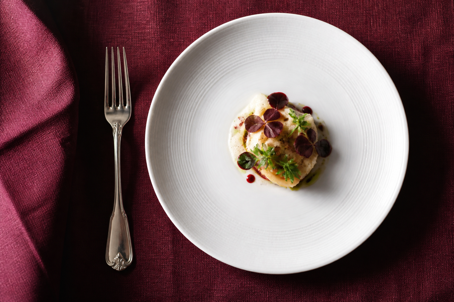 A delicately composed dish on white porcelain and burgundy linen